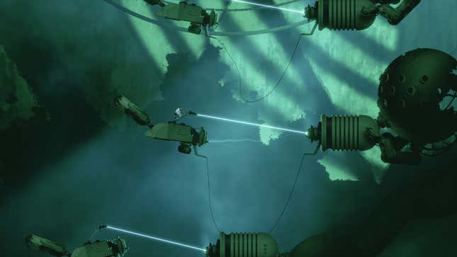 The protagonist of Bionic Bay aims a laser.