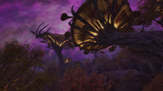 Strange mushrooms glow against a starry sky.