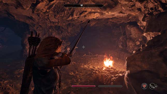 A Khajiit explorer aims her bow at the ready while exploring an underground cave.