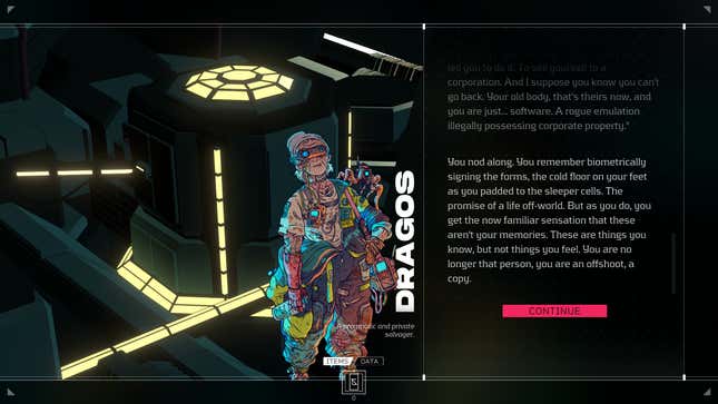 A screenshot of Citizen Sleeper shows the protagonist talking with Dragos, as they think about the nature of their identity.