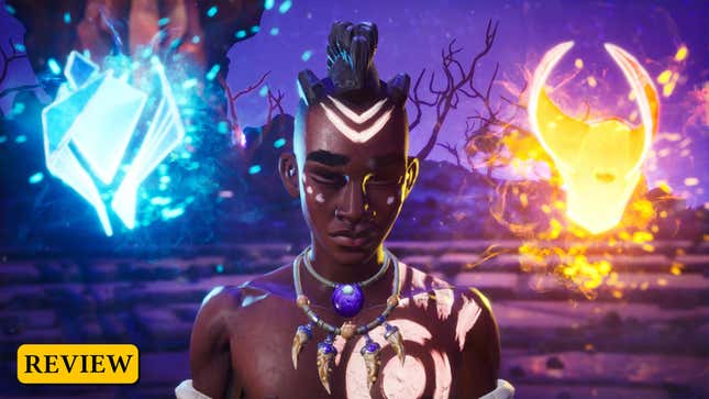 Zau closes his eyes while two masks float on either side of him.