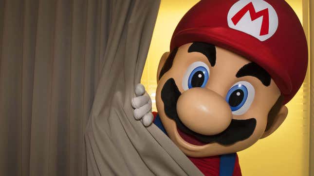 Mario peaks out from a curtain.