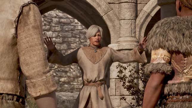An NPC holds up their arms while talking to other characters.