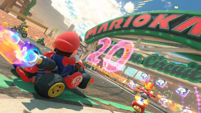 Mario races across a track.