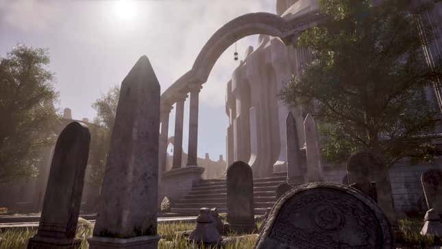 The sun hangs high over a cemetary.