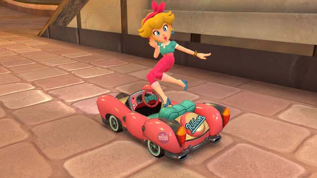 Peach wears a cute outfit while standing on a car.