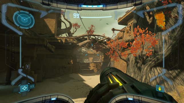 Samus moves forward throguh an alien environment.