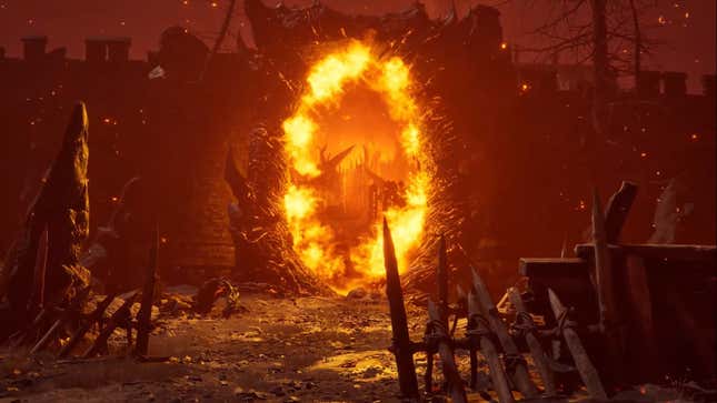 Flames erupt from an Oblivion gate.