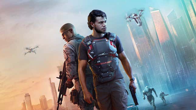 Two guys in tactical gear walk away from a dream-like city.