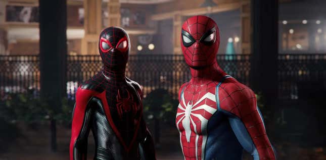 A screenshot of Miles Morales and Peter Parker in Marvel's Spider-Man 2.