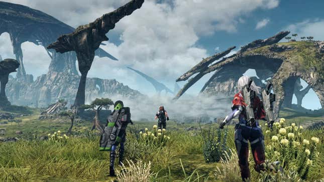 Characters in Xenoblade run through a fantasy landscape.