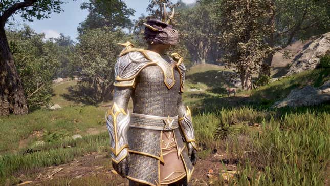 An argonian soldier stands in the forest.