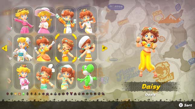 A screenshot shows outfit selections for various characters.