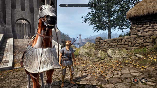 A player character looks up at a somewhat smiling horse.
