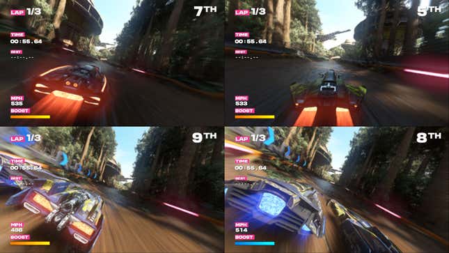 A screenshot shows four players playing a racing game wiht hovering vehicles.