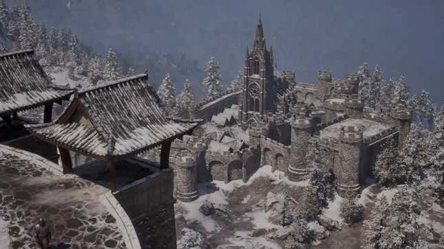 Snow blankets a castle.