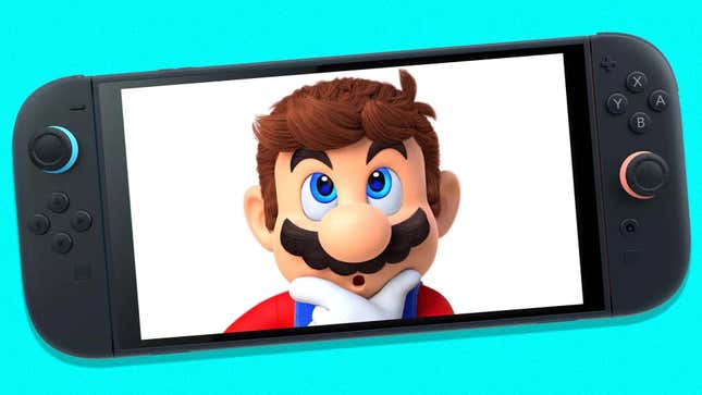 Mario strokes his chin inside a Switch 2 screen.