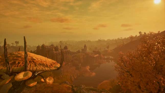 A landscape shot of a fantasy realm with large mushrooms.