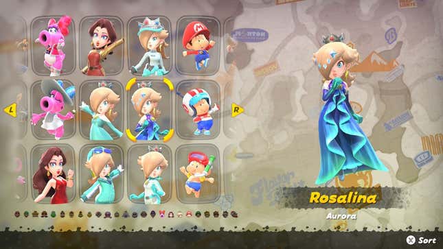 A screenshot shows outfit selections for various characters.