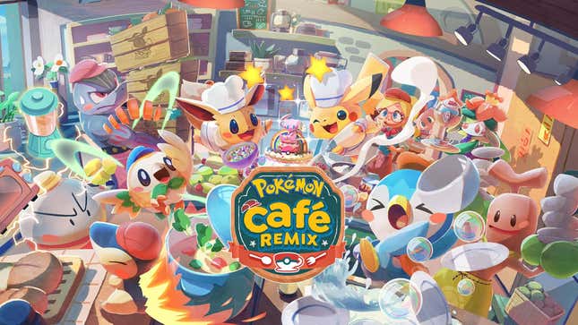 Pikachu and Eevee are seen making a cake alongside Rowlett, Piplup, Sudowoodo, and other Pokemon.