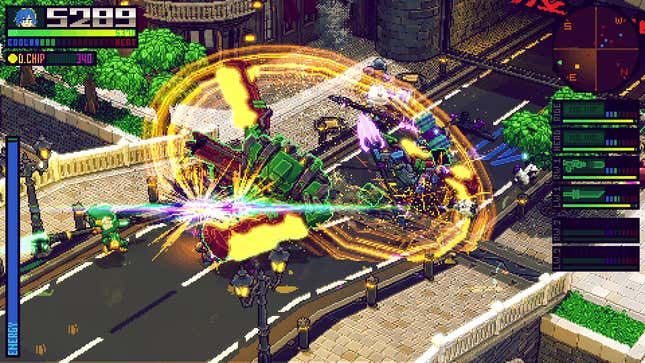 Mechs battle on a street.