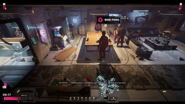 The protagonist plays beer pong with himself.