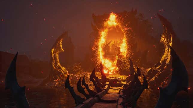 Fire lights the area around an oblivion gate.