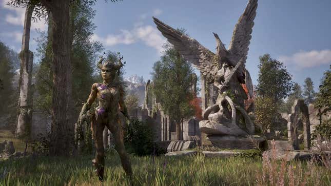 A spriggan hangs out near a statue.