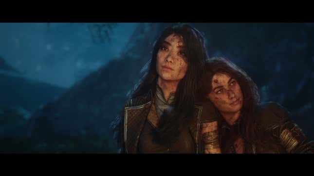 Lune and Sciel sit by a fire.