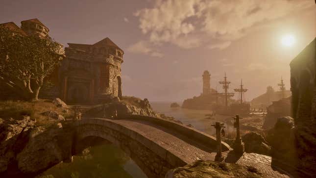 A landscape shot shows a bridge and docked ship.