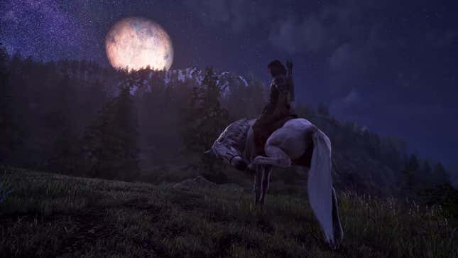 A horse cleans their hoof while the moon looms in the sky.