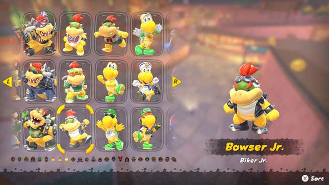 A screenshot shows outfit selections for various characters.