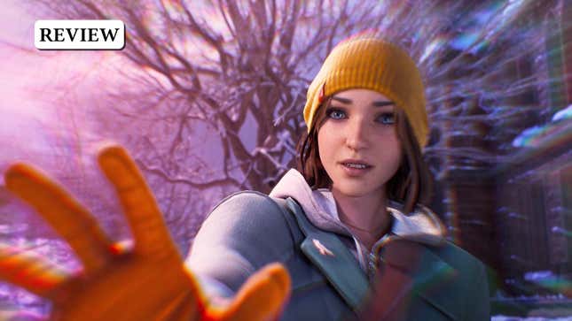 Max Caulfield in closeup, the wintry campus environment around her slightly distorted by her powers.