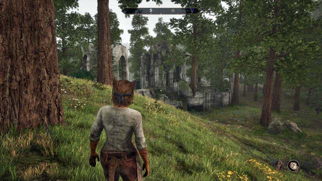 A Khajiit stares out at some ruins in the middle of the forest.