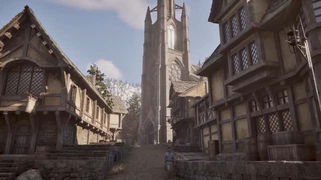 A screenshot of Oblivion Remastered shows a church in a village.