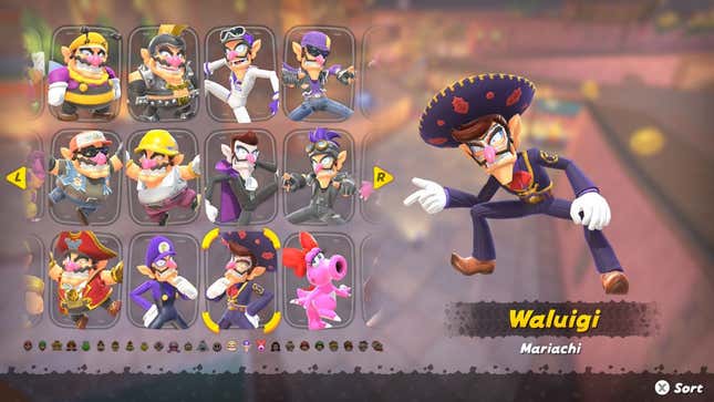 A screenshot shows outfit selections for various characters.