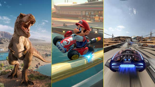 A composite image shows a roaring T-Rex, Mario driving a go-kart on a rail, and a futuristic hover vehicle racing.
