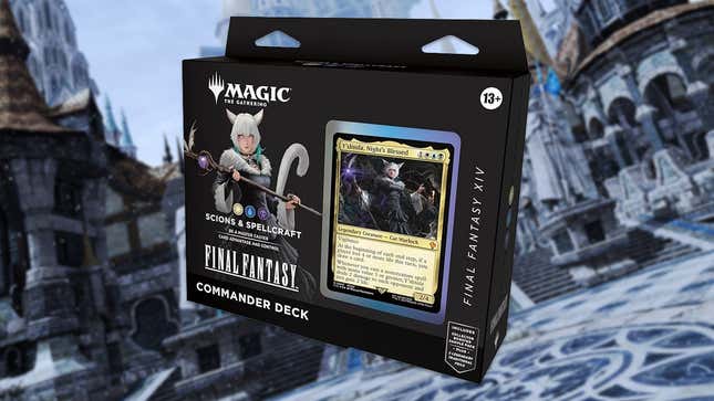A box for the Y'sthola Commander Deck is superimposed over a screenshot from FF14.