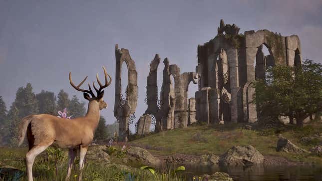 A deer looks out over ancient ruins.