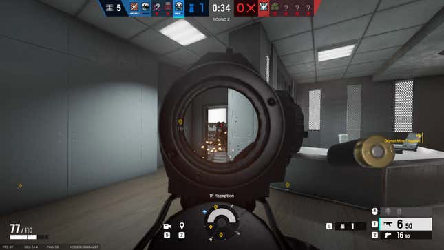 Ela aims down sights at another operator in a doorway.