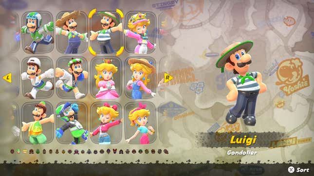 A screenshot shows outfit selections for various characters.