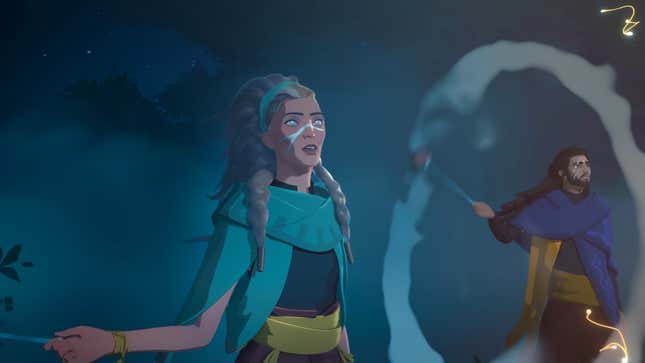 A woman looks up at something off-screen.