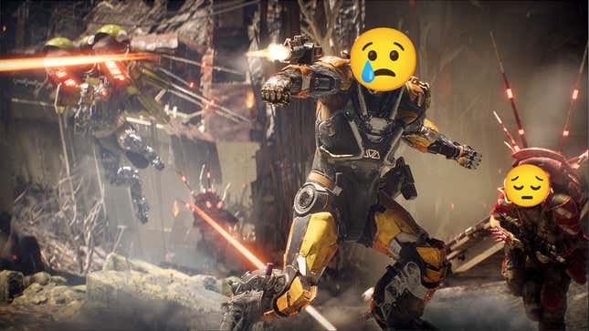 Characters from Anthem have sad emoji faces superimposed on them.