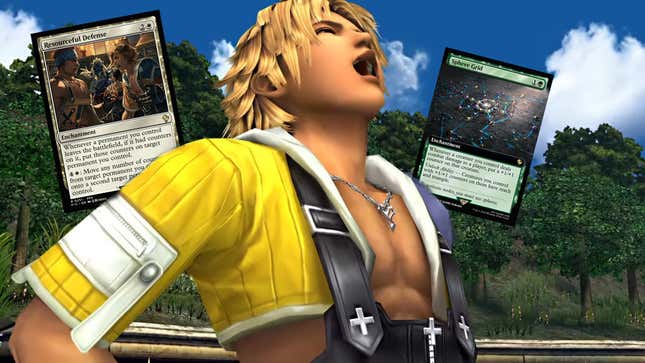 Tidus laughs at the air while two FFX-themed Magic: the Gatheirng cards float behind him.