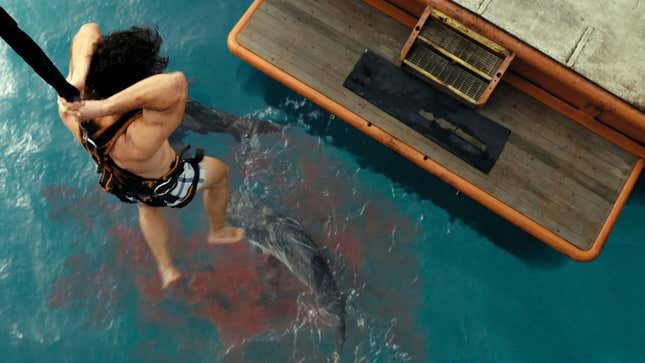 A man dangling over a shark