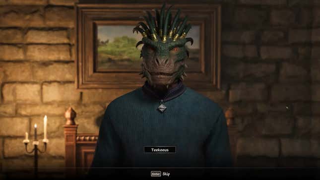 An argonian chats with the player character.