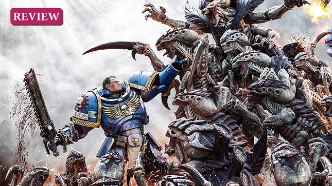 An image shows Space Marine Titus holding back a large wave of aliens.