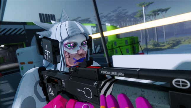 A Glitch Runner stares down the sights of their gun.