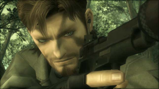 Naked Snake holds up a gun while moving through a jungle.