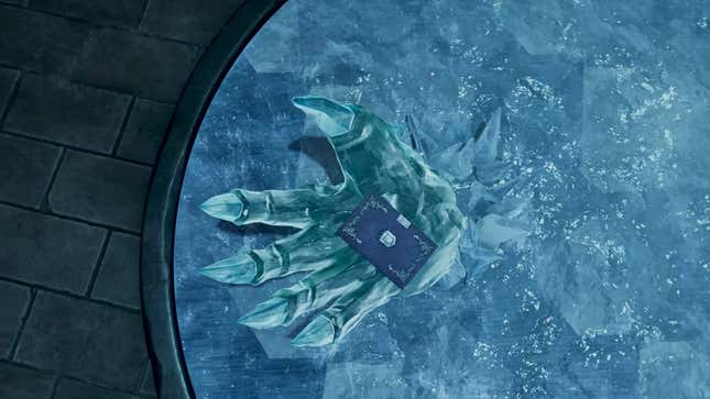 A crystalized hand holds a tome.